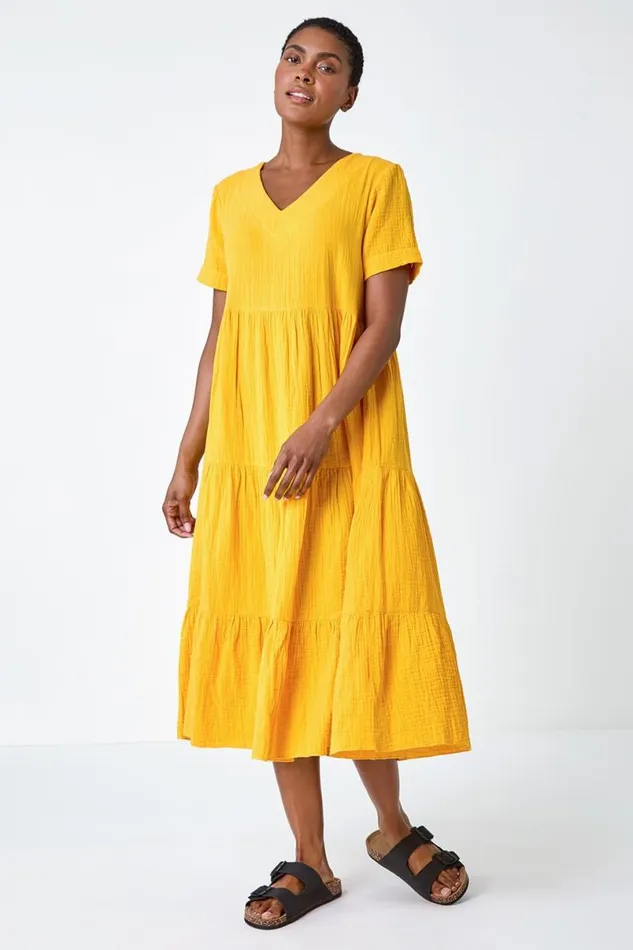 Mango Cotton Textured Tiered Midi Dress Women Roman Dresses