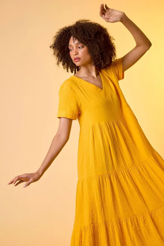 Mango Cotton Textured Tiered Midi Dress Women Roman Dresses