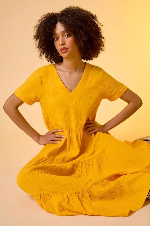 Mango Cotton Textured Tiered Midi Dress Women Roman Dresses