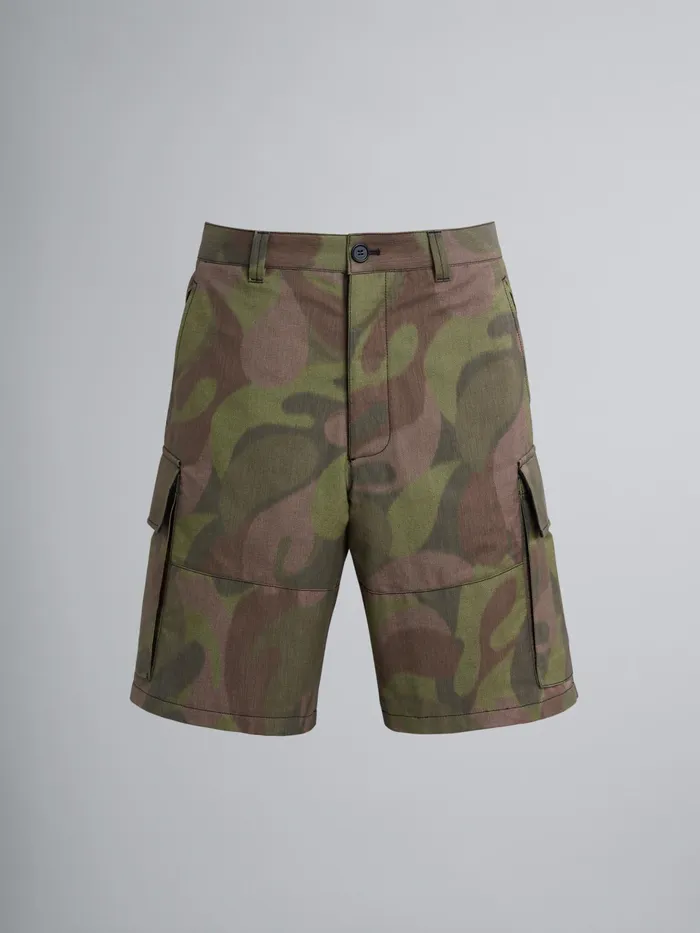 Marni Cargo Bermuda In 50s Camo Print Chin Dusty Olive Mens Trousers