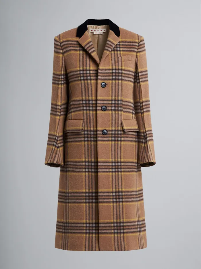 Marni Fringed Wool Check Coat Pompeii Womens Coats and Jackets