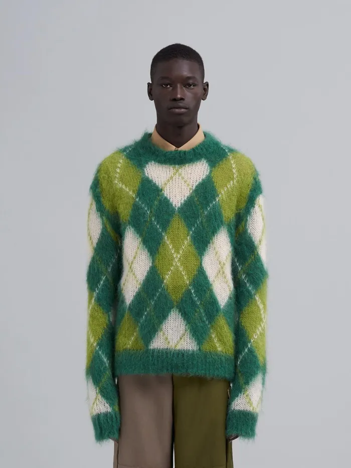 Marni Iconic Mohair Argyle Sweater Lawngreen Mens Knitwear Marni Iconic Mohair Argyle Sweater Lawngreen Mens Knitwear