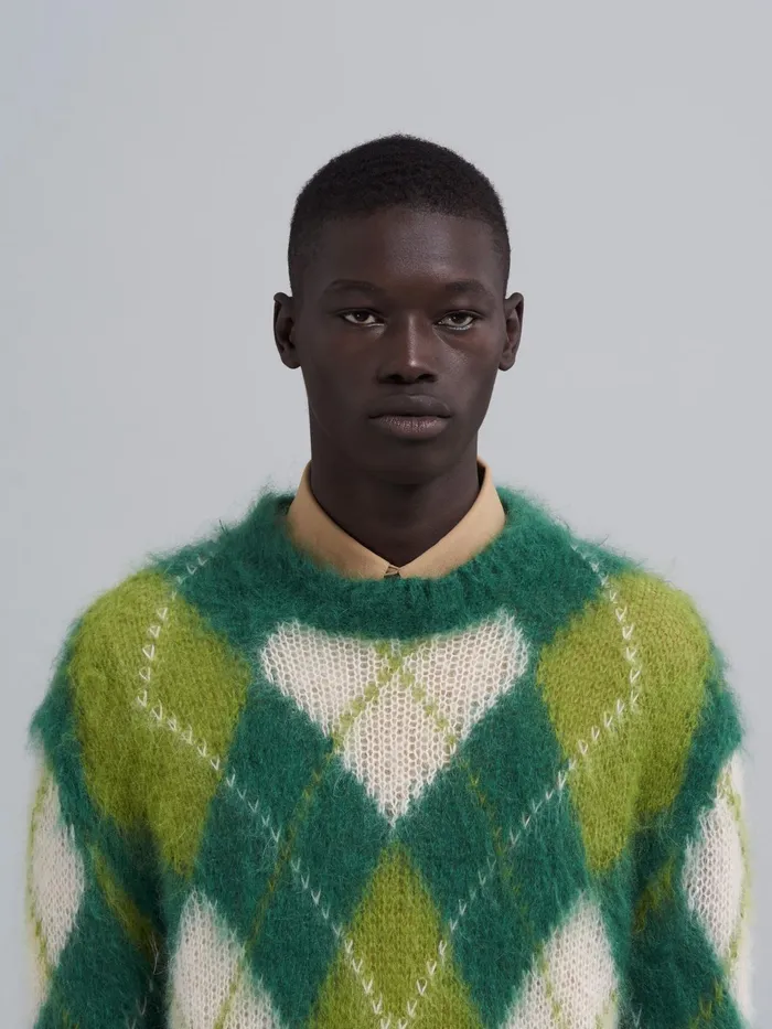 Marni Iconic Mohair Argyle Sweater Lawngreen Mens Knitwear Marni Iconic Mohair Argyle Sweater Lawngreen Mens Knitwear