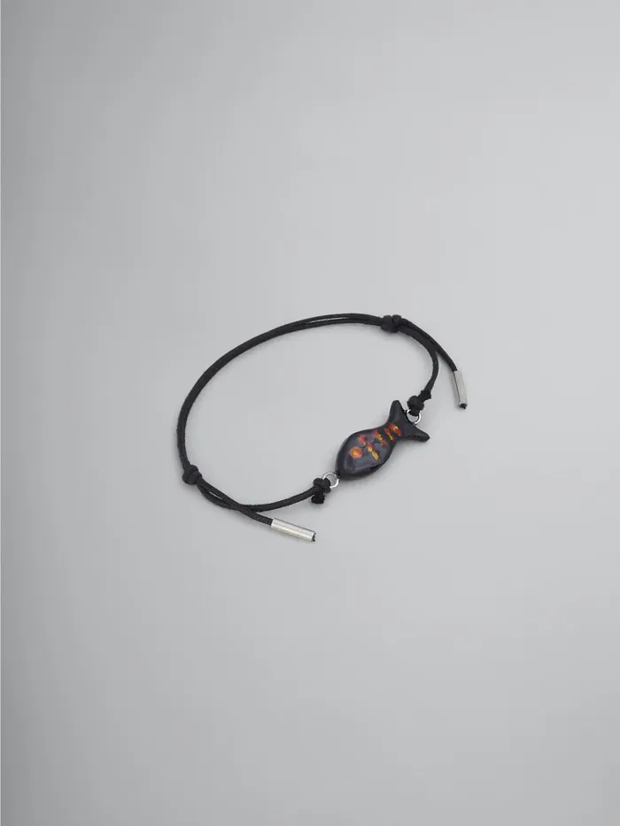 Marni Leather Bracelet With Enamelled Metal Fish Coal Mens Jewelry