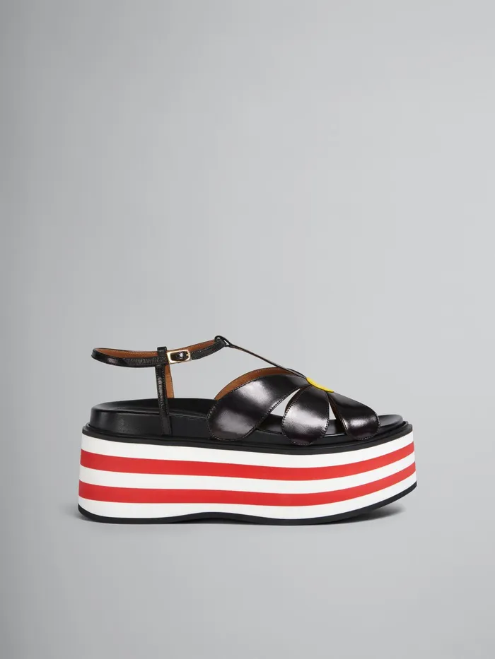 Marni Leather Flower Wedge Sandal Black Womens Sandals and Wedges