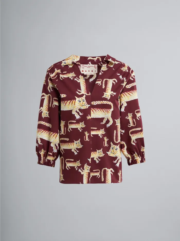 Marni Naif Tiger Print Poplin Blouse China Red Womens Tops and Shirts