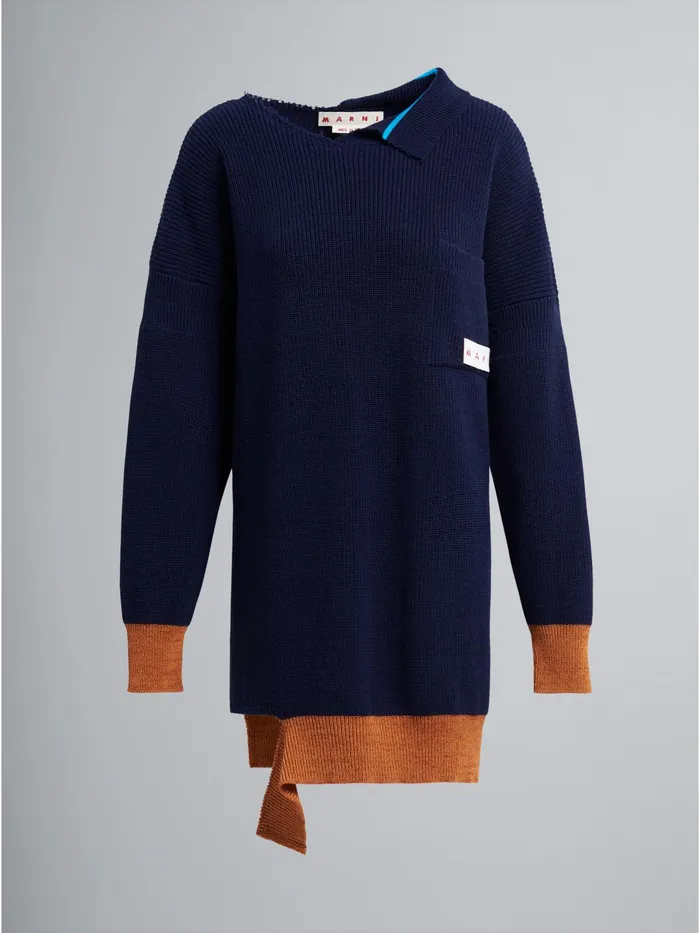 Marni Ribbed Bio Cotton And Wool Knit Dress Light Navy Womens Dresses