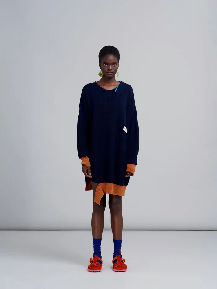 Marni Ribbed Bio Cotton And Wool Knit Dress Light Navy Womens Dresses Marni Ribbed Bio Cotton And Wool Knit Dress Light Navy Womens Dresses