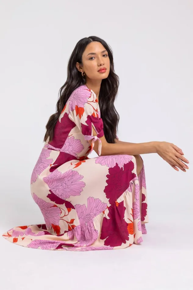 Mauve Floral Frill Hem Wrap Midi Dress Women Roman Dresses