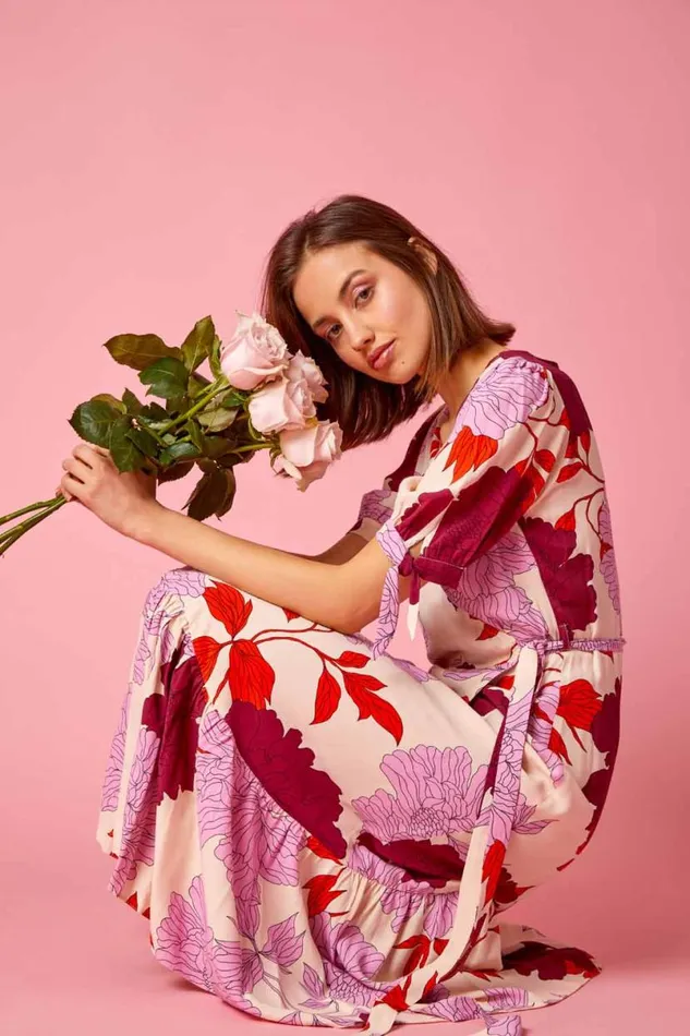 Mauve Floral Frill Hem Wrap Midi Dress Women Roman Dresses