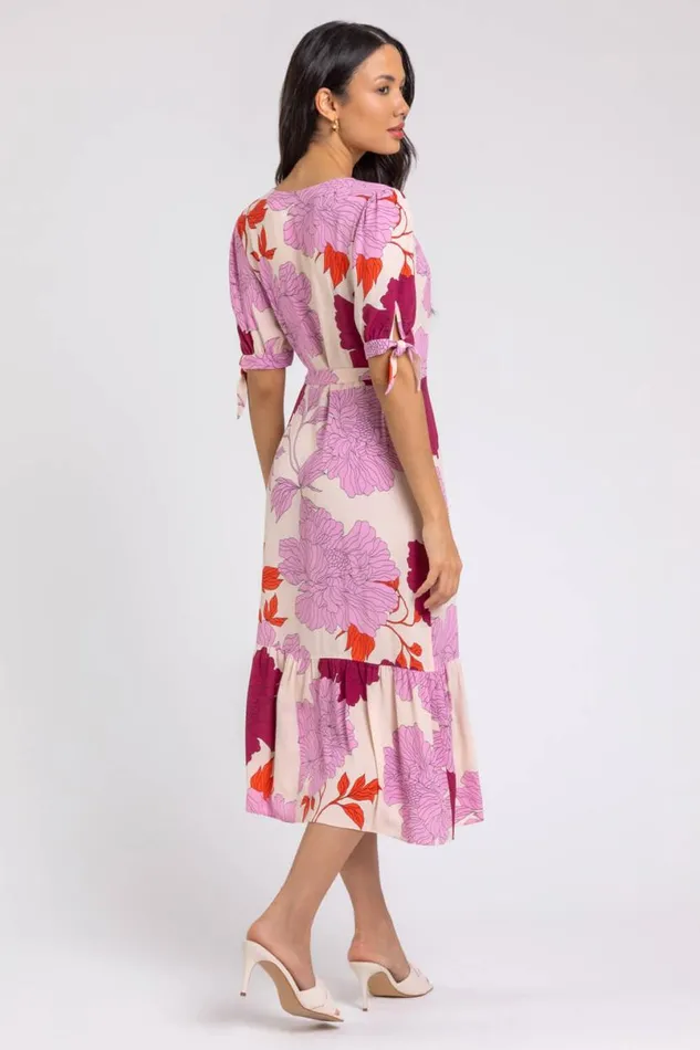 Mauve Floral Frill Hem Wrap Midi Dress Women Roman Dresses
