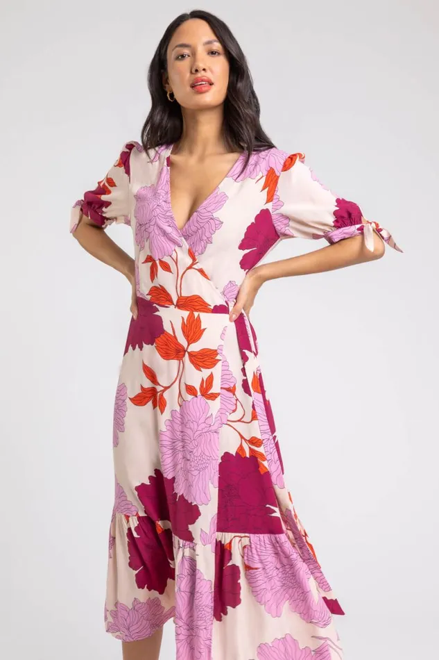 Mauve Floral Frill Hem Wrap Midi Dress Women Roman Dresses
