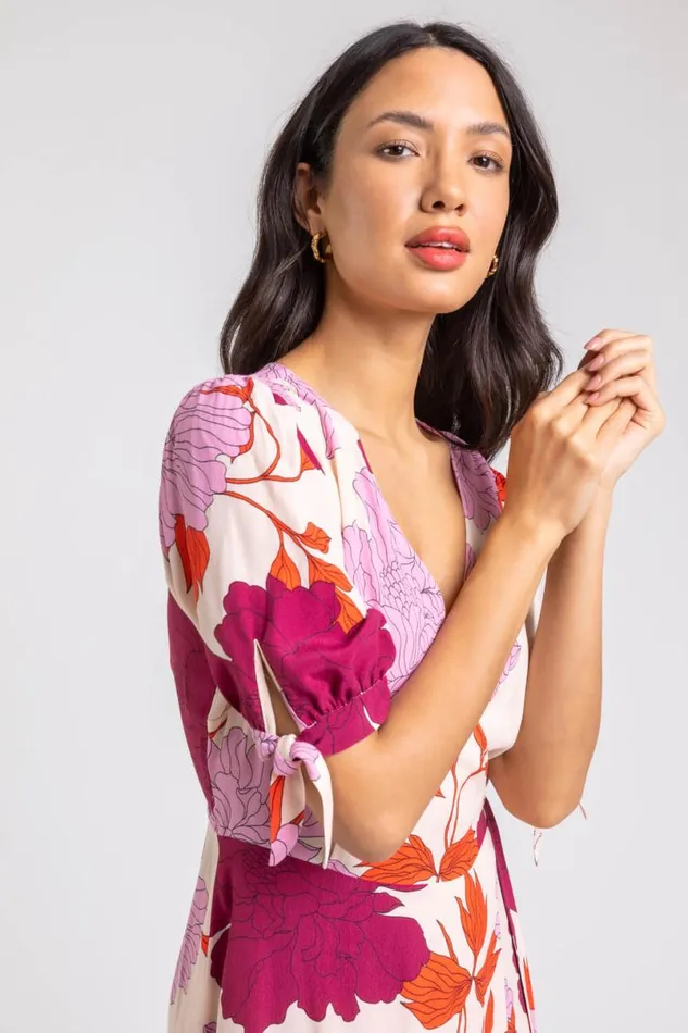 Mauve Floral Frill Hem Wrap Midi Dress Women Roman Dresses