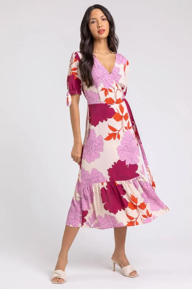 Mauve Floral Frill Hem Wrap Midi Dress Women Roman Dresses