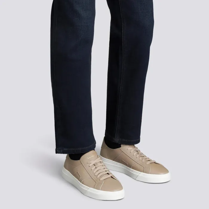 Men Beige Tumbled Leather Double Buckle Sneaker Santoni Sneakers