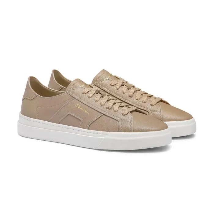 Men Beige Tumbled Leather Double Buckle Sneaker Santoni Sneakers