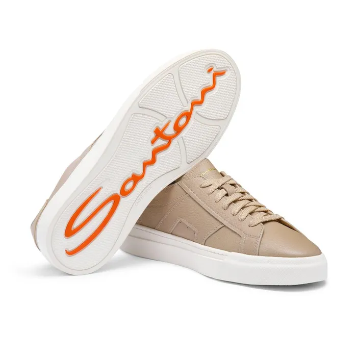 Men Beige Tumbled Leather Double Buckle Sneaker Santoni Sneakers