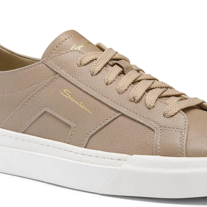 Men Beige Tumbled Leather Double Buckle Sneaker Santoni Sneakers