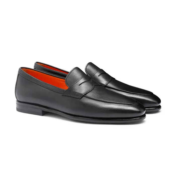 Men Black Leather Carlo Loafer Santoni Loafers