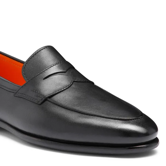 Men Black Leather Carlo Loafer Santoni Loafers
