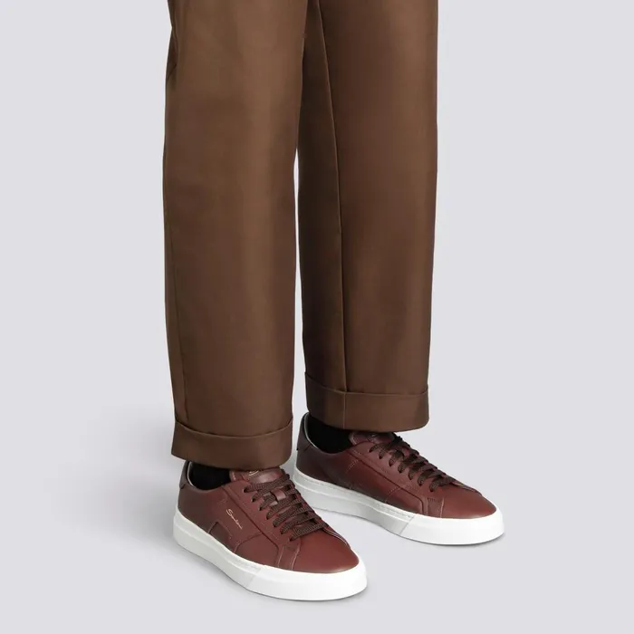 Men Burgundy Leather Double Buckle Sneaker Santoni Sneakers