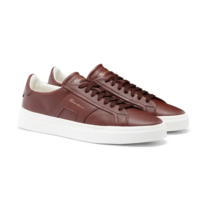 Men Burgundy Leather Double Buckle Sneaker Santoni Sneakers