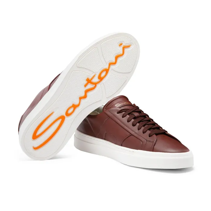 Men Burgundy Leather Double Buckle Sneaker Santoni Sneakers