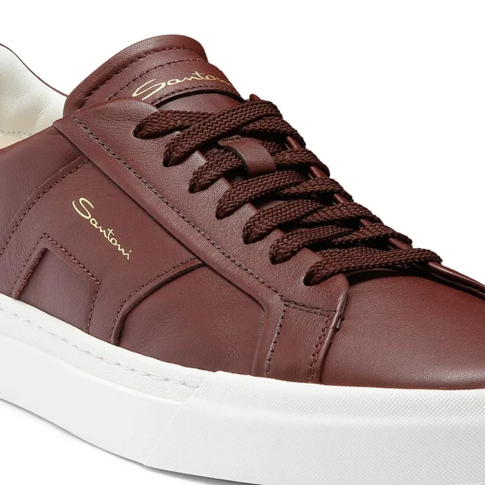 Men Burgundy Leather Double Buckle Sneaker Santoni Sneakers