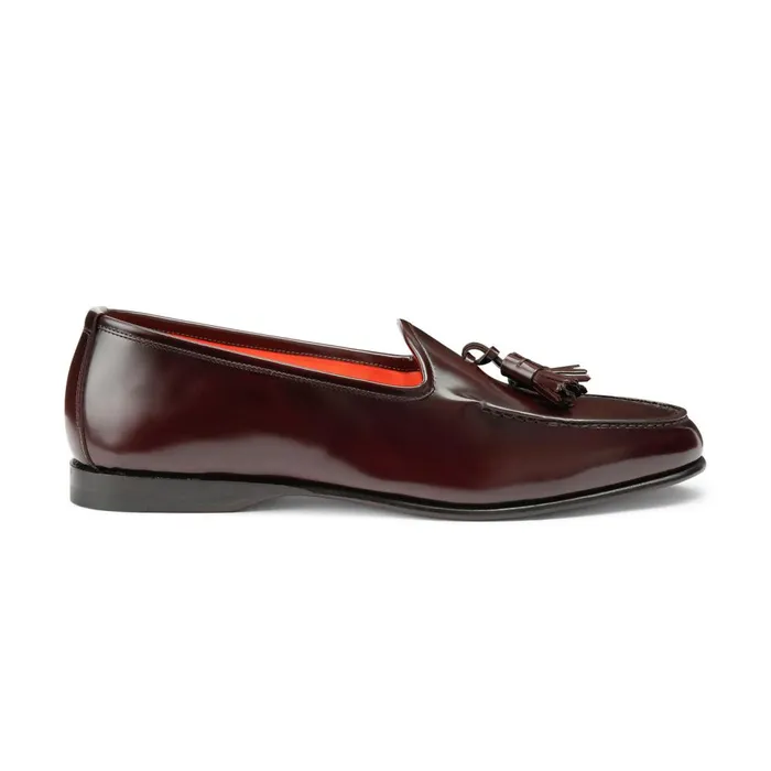 Men Burgundy Shiny Leather Andrea Tassel Loafer Santoni Loafers