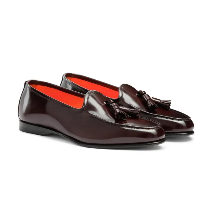 Men Burgundy Shiny Leather Andrea Tassel Loafer Santoni Loafers