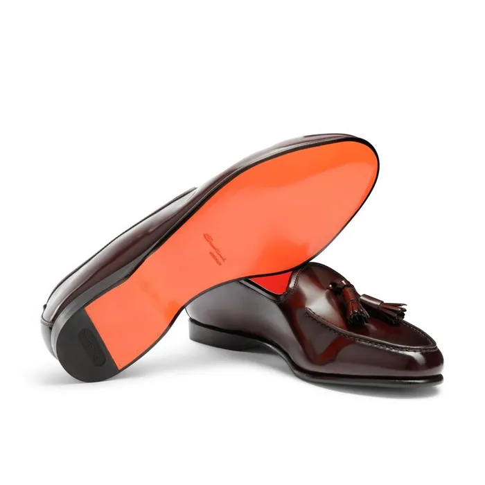 Men Burgundy Shiny Leather Andrea Tassel Loafer Santoni Loafers
