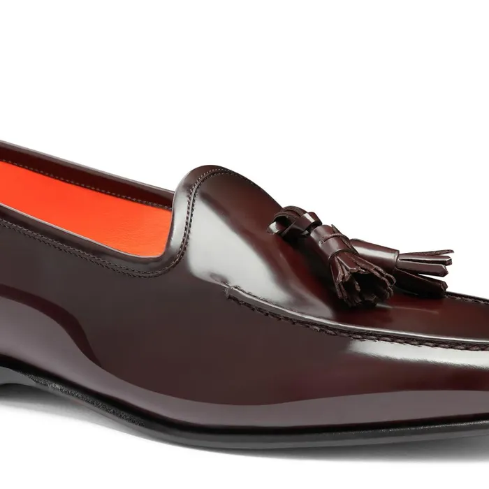 Men Burgundy Shiny Leather Andrea Tassel Loafer Santoni Loafers