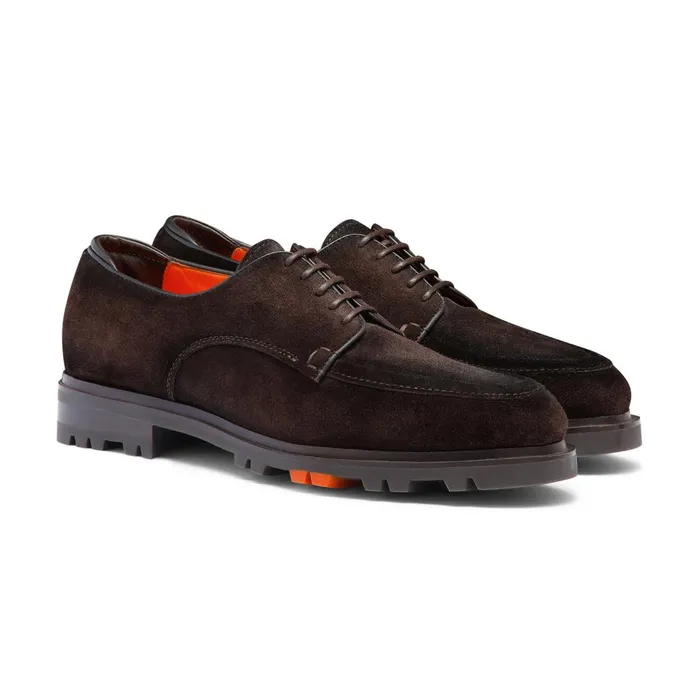 Men Dark Brown Suede Derby Shoe Santoni LaceUps