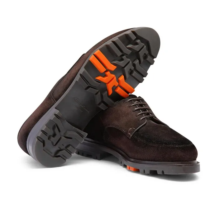 Men Dark Brown Suede Derby Shoe Santoni LaceUps