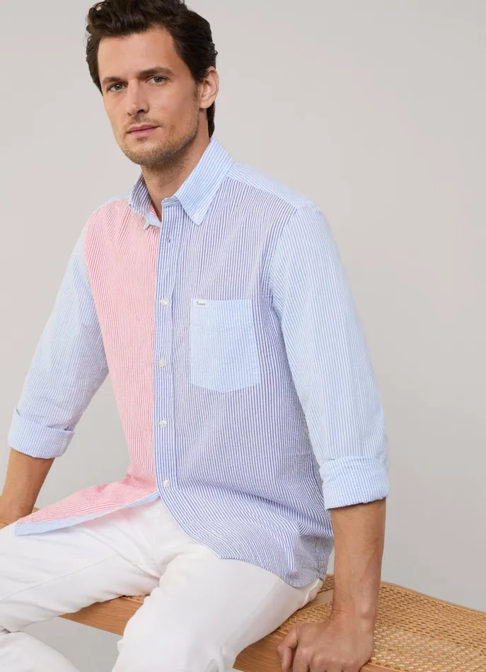 Men Iconic Shirts Faonnable Regular Fit Bengal Striped Seersucker Shirt Naval Blue