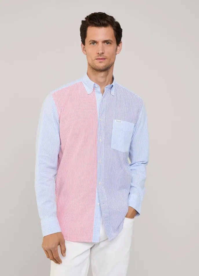 Men Iconic Shirts Faonnable Regular Fit Bengal Striped Seersucker Shirt Naval Blue