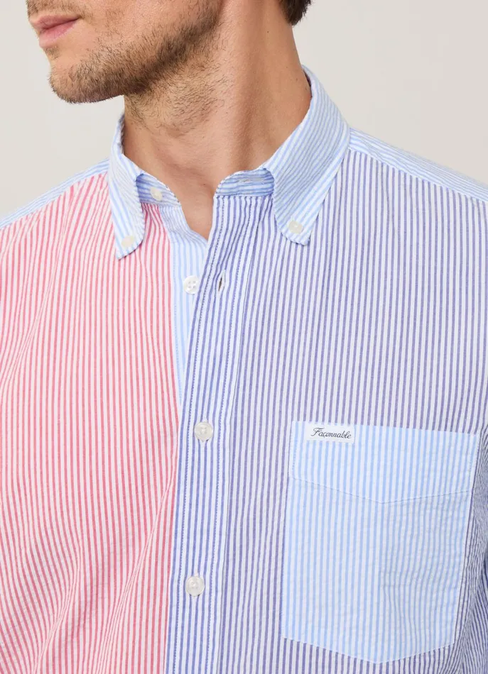 Men Iconic Shirts Faonnable Regular Fit Bengal Striped Seersucker Shirt Naval Blue