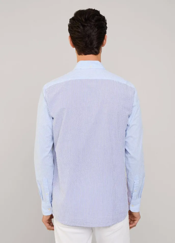 Men Iconic Shirts Faonnable Regular Fit Bengal Striped Seersucker Shirt Naval Blue