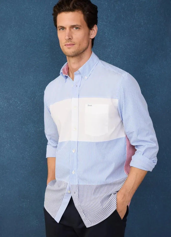 Men Iconic Shirts Faonnable Regular Fit Colour Block Poplin Shirt Naval Blue
