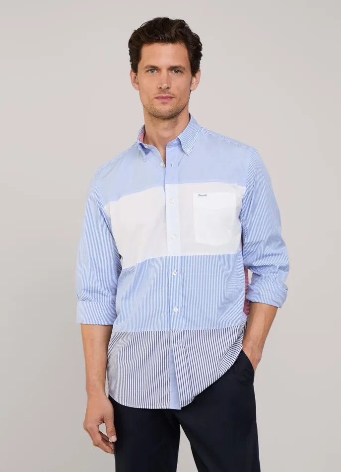 Men Iconic Shirts Faonnable Regular Fit Colour Block Poplin Shirt Naval Blue