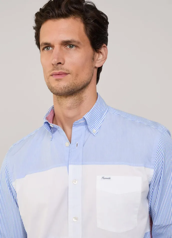 Men Iconic Shirts Faonnable Regular Fit Colour Block Poplin Shirt Naval Blue