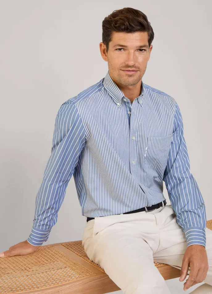 Men Iconic Shirts Faonnable Regular Fit Striped Twill Shirt Dark Denim Blue