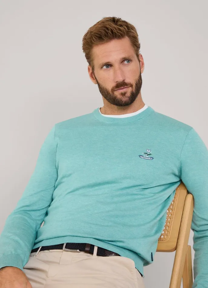 Men Knitwear Faonnable Embroidered Bird Crew Neck Jumper Meadow Blue