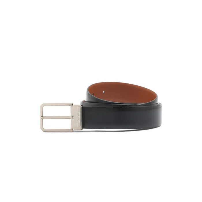 Men Polished Black Leather Adjustable Belt Santoni Belts