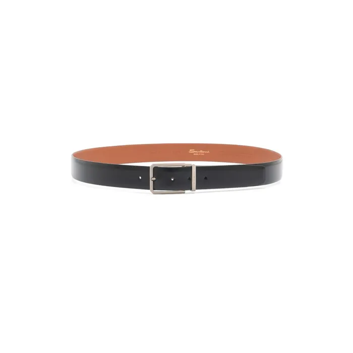 Men Polished Black Leather Adjustable Belt Santoni Belts