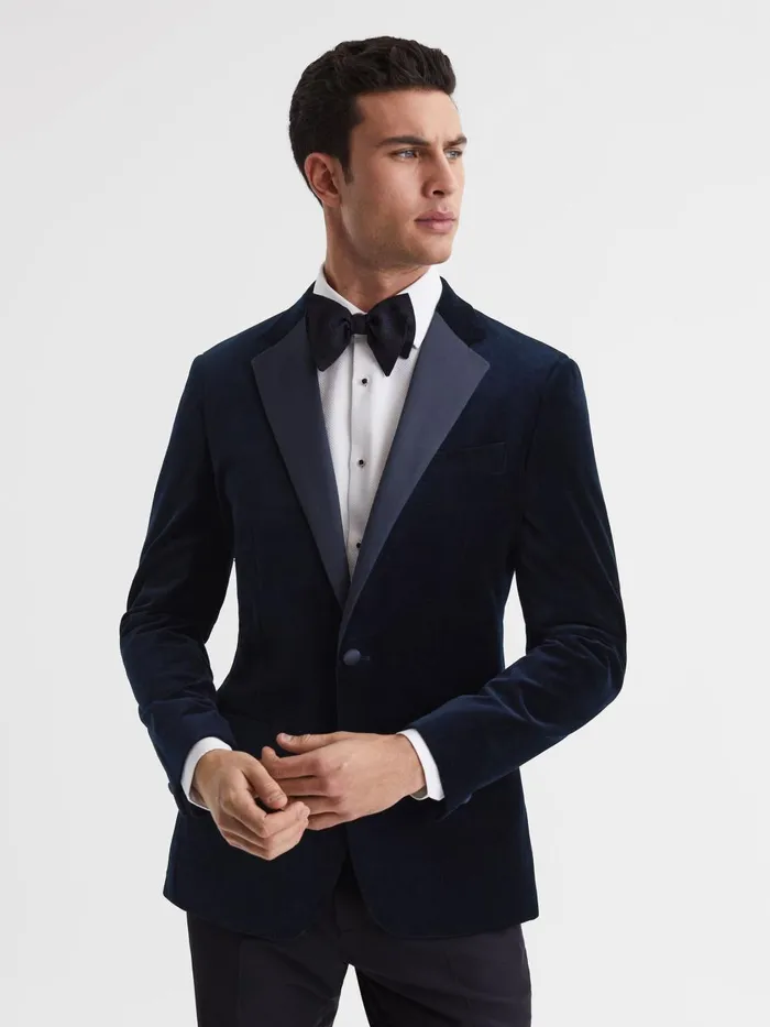 Men Reiss Blazers Ace Modern Fit Velvet Single Breasted Tuxedo Jacket Navy