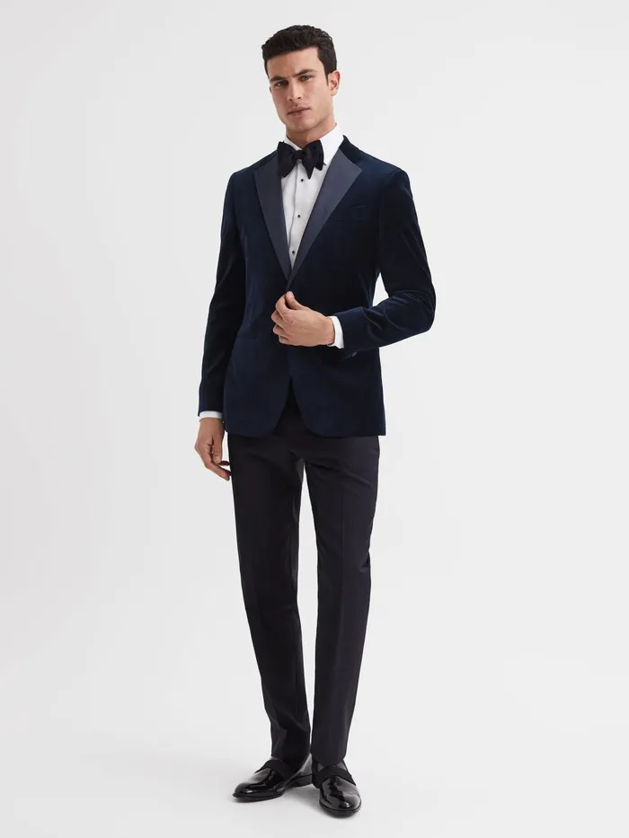 Men Reiss Blazers Ace Modern Fit Velvet Single Breasted Tuxedo Jacket Navy