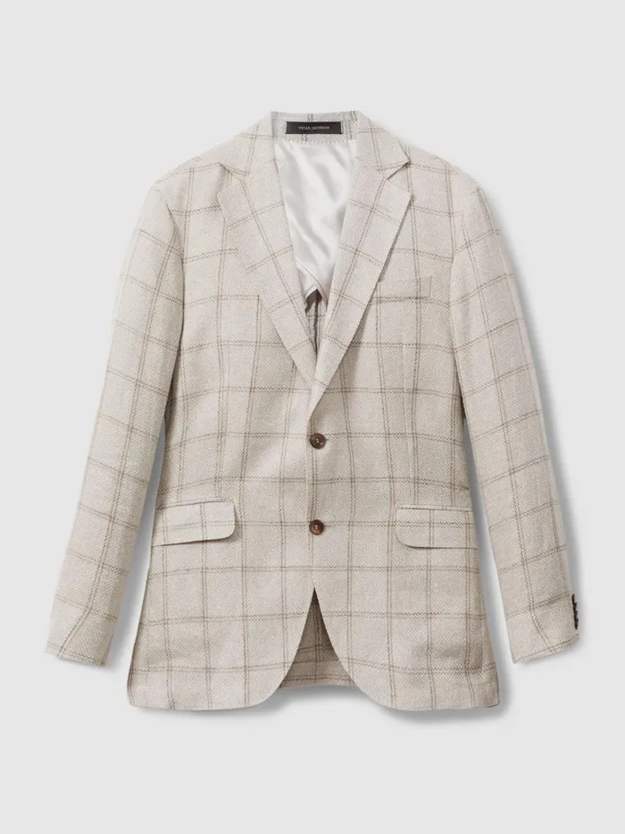 Men Reiss Blazers Jacobson Linen Blend Single Breasted Check Blazer Cream