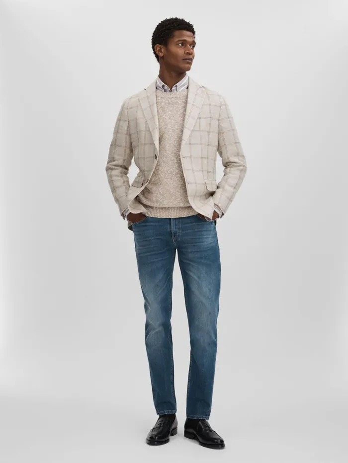 Men Reiss Blazers Jacobson Linen Blend Single Breasted Check Blazer Cream