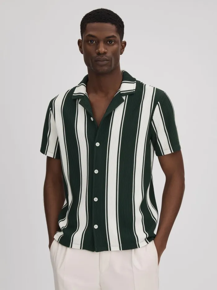 Men Reiss Knitwear Alton Slim Fit Ribbed Cuban Collar Shirt Greenwhite